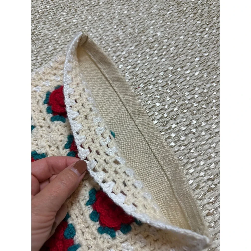 Handmade Crochet Rose Floral Granny Square Pillow Cover cottagecore 13x11 Boho
